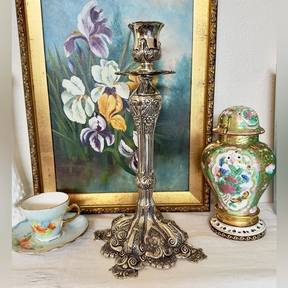 Vintage Silver-Plated Rococo Candlestick (11.5”)